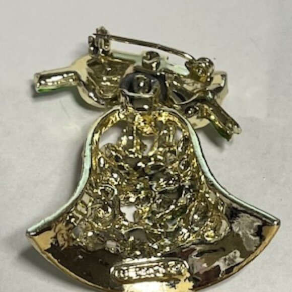 VTG Gerry's Christmas Holiday Bell Gold Tone Red Green Movable Bow Brooch Pin 2" - Picture 9 of 15